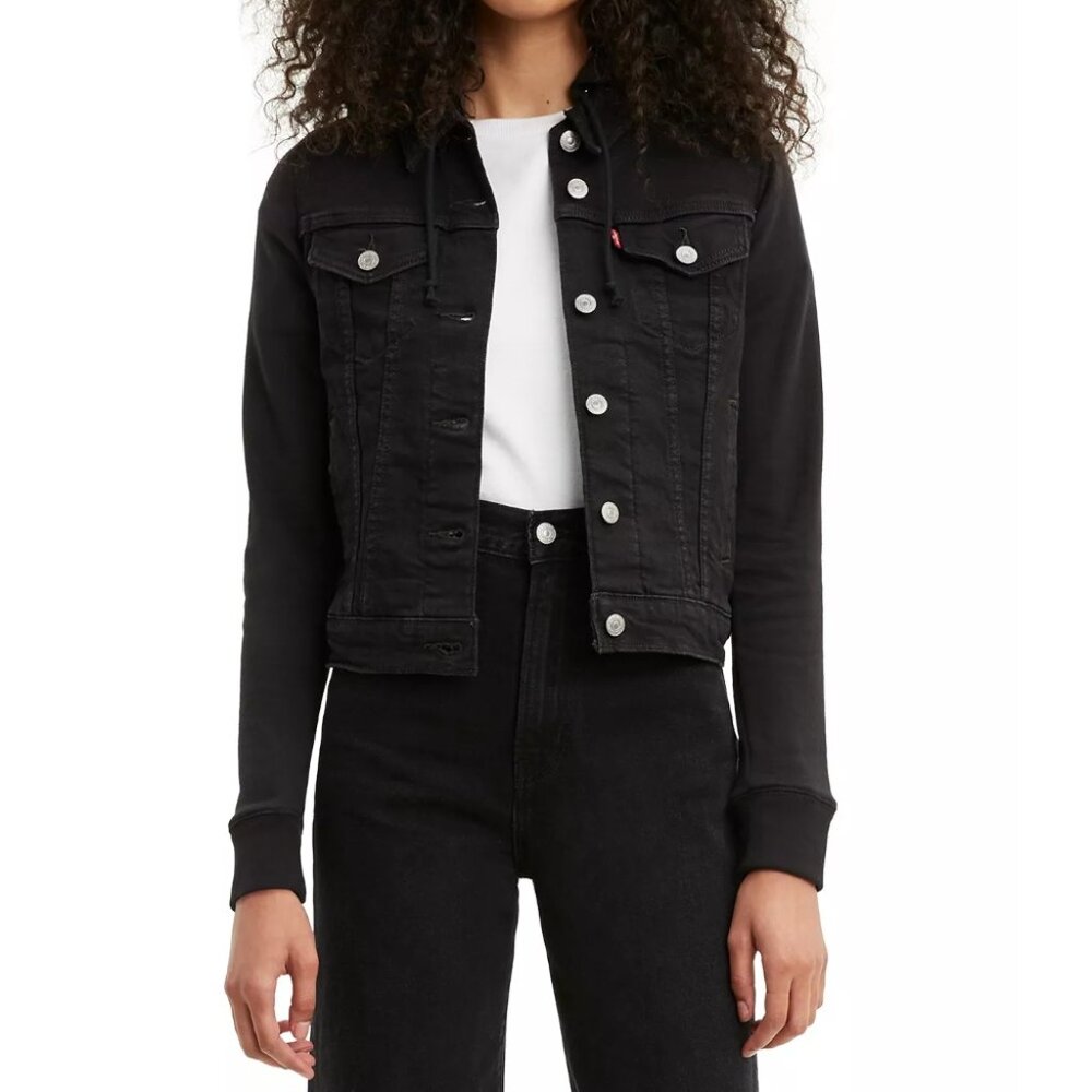 Levi's Black Hybrid Denim Hoodie Original Trucker Jacket Size XL - Picture 6 of 14